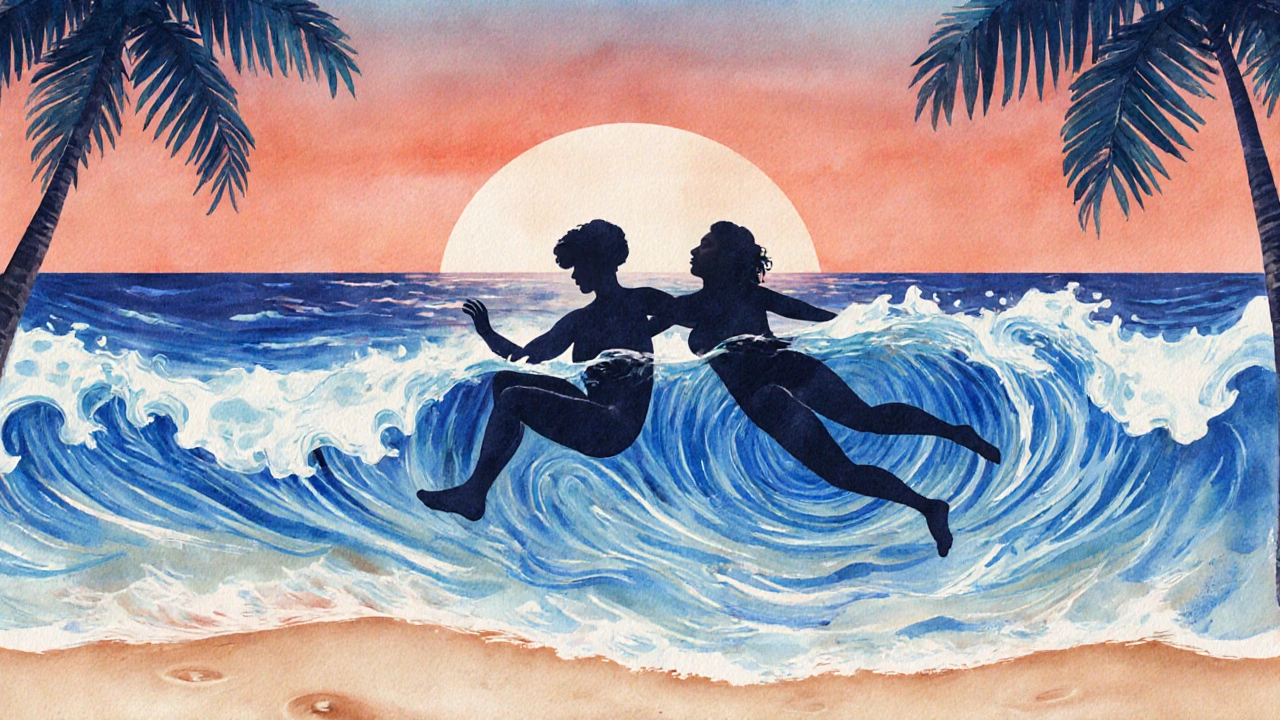 Dvě postavy plavou vlnami moře, jejich těla se spojují v jednom proudu, jako symbol spojení.