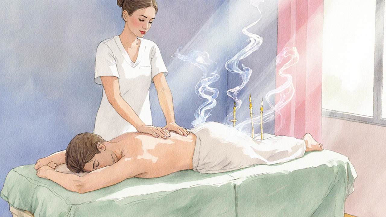 Holistická masáž s vůní bylin a pohybujícími se vrstvami fascie v pastelových barvách.
