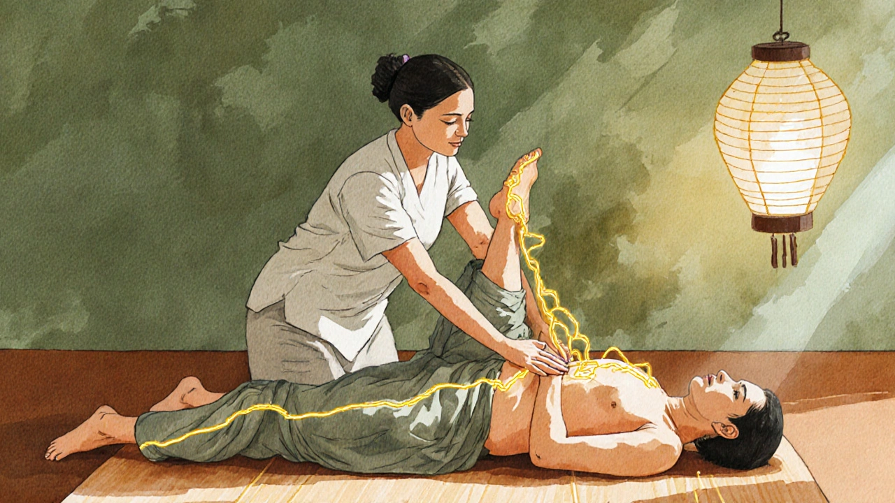 Ilustrace thajské masáže s terapií těla a zářícími liniemi sen.
