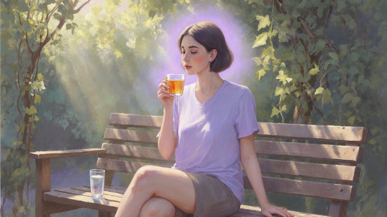 Klient po masáži odpočívá v zahradě, pije čaj a vypadá uvolněně.