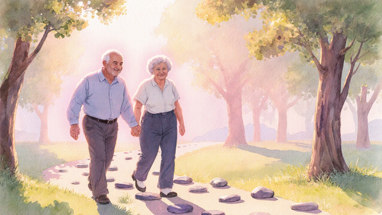 Seniorka po sezení s kameny usmívá se, chodí v parku při ranním slunci, vyzařuje pohodu.