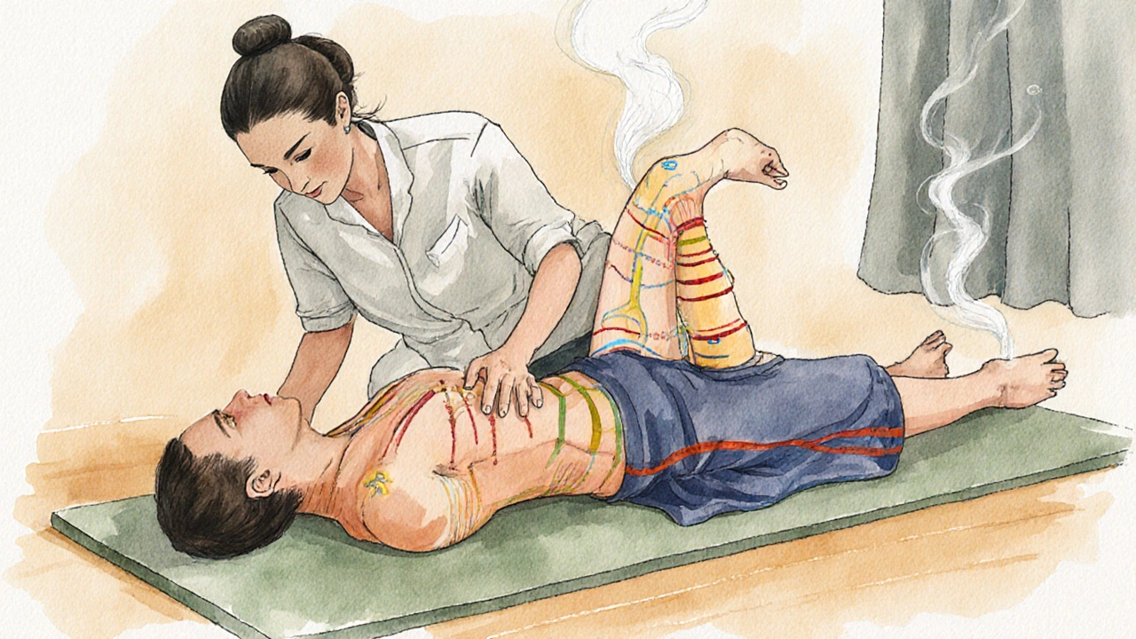 Terapeut protahuje klienta na podložce, ukazuje dechové cvičení a senové linie.