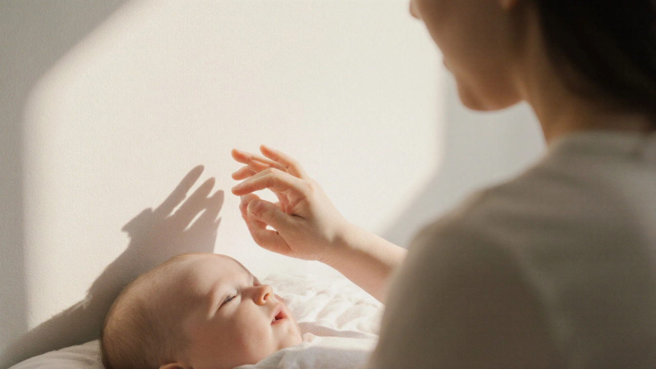 3měsíční miminko sleduje pomalý stín ruky, když leží na pokrývce v jemném světle.