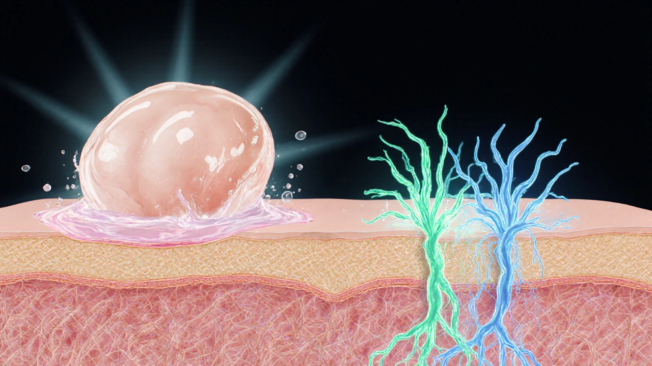 Ilustrace pod kůží: lymfatické cévy odvádějí tekutiny a obnovují kolagen.