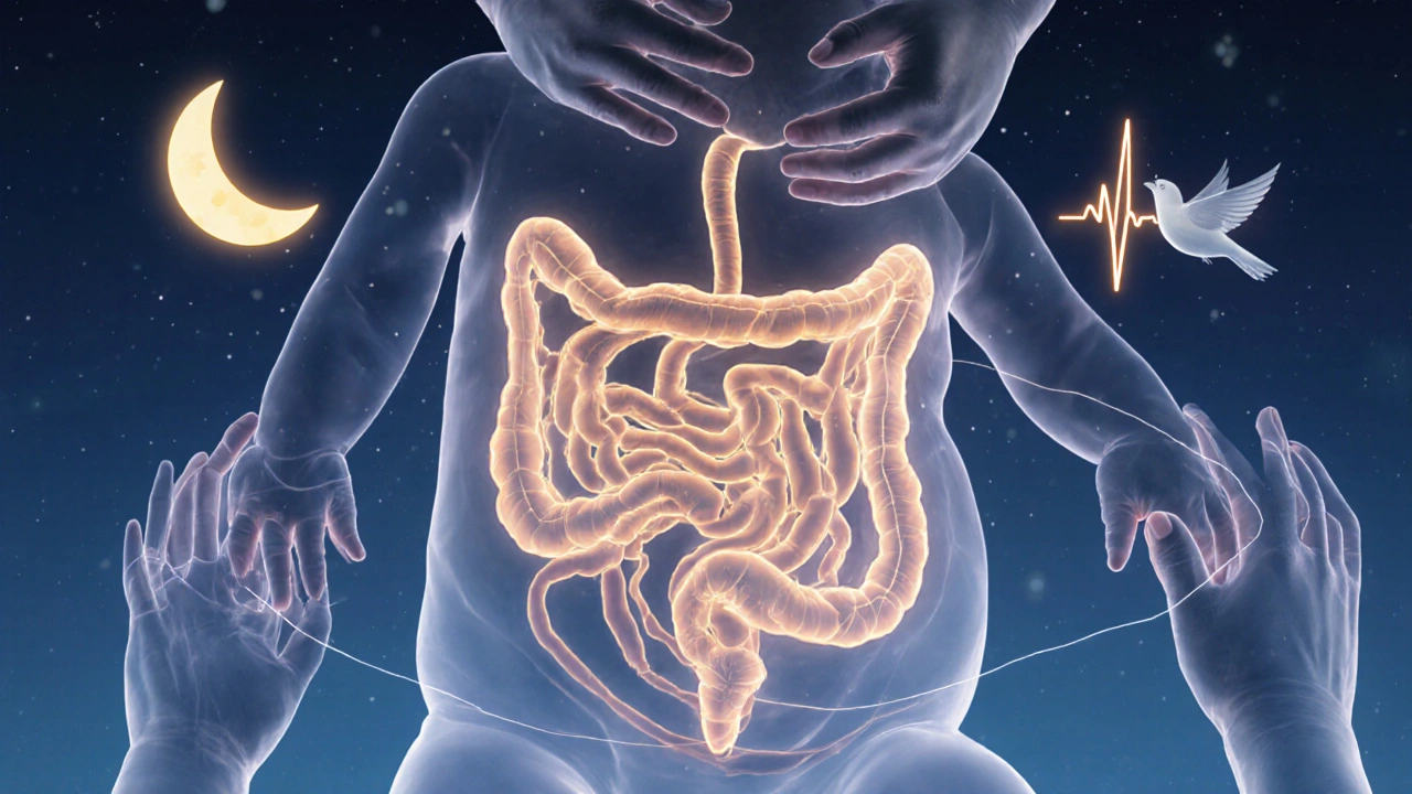 Konceptuální znázornění klidného masírování bříška s teplými světelnými cestami.