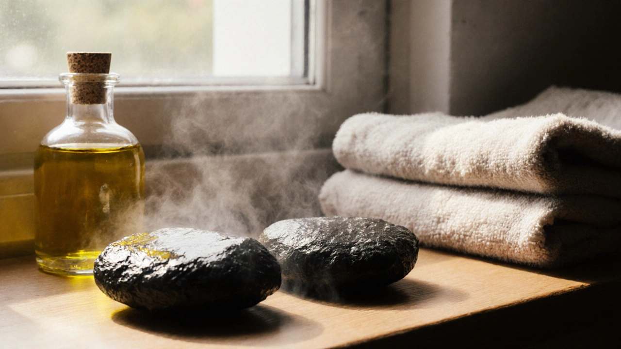 Lávové kameny na dřevěné polici s olejem a ručníkem, jemné světlo a záře.