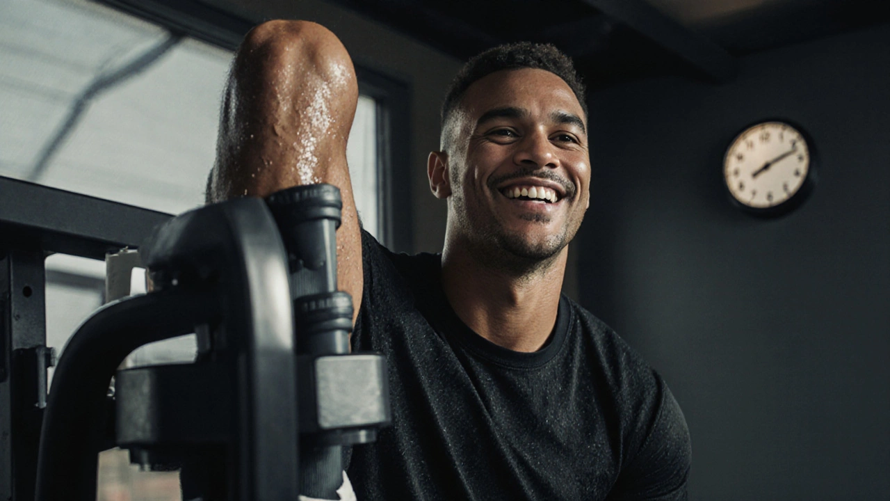 Mužský fotbalista po sezení vakuoterapie na lýtkách, v klinice, s náznakem obnovy a odpočinku.