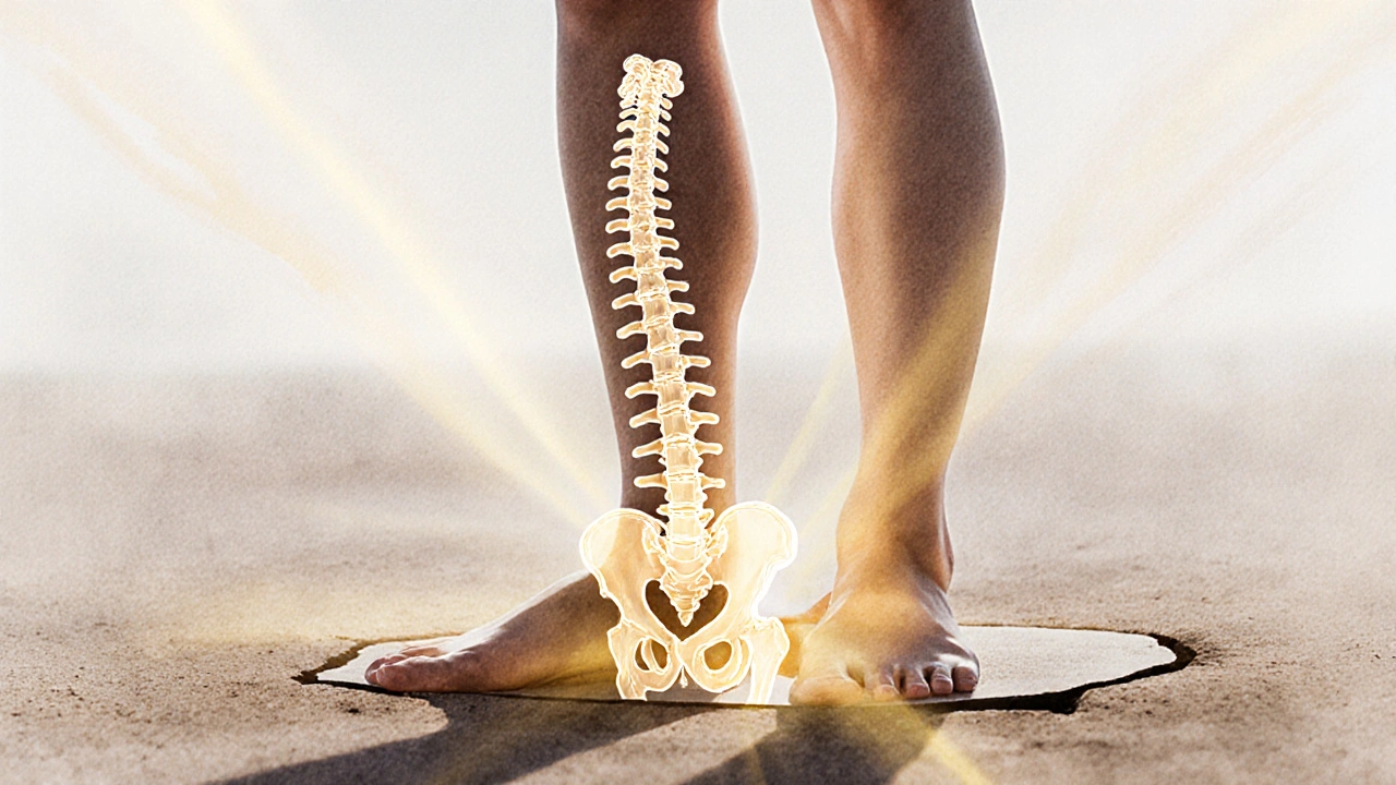 Představa vyrovnání páteře a kyčle pomocí jemného světla, symbolizujícího přirozenou rovnováhu těla.