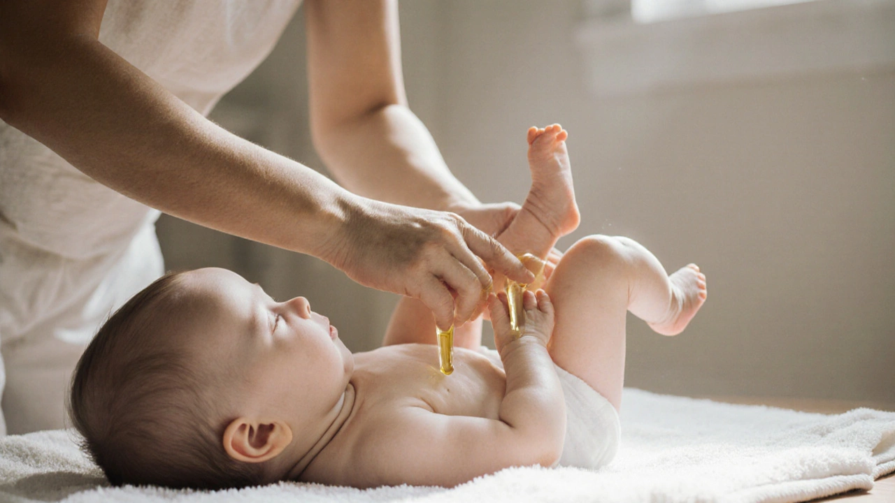 Rodič hladí nožky 3měsíčního miminka olejem po koupeli, dítě je klidné.