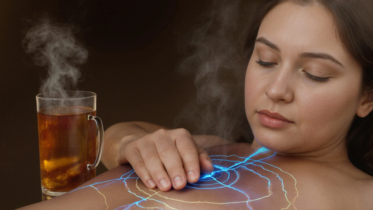 Ruka provádí kruhový pohyb na břiše s viditelnými energetickými cestami pod kůží.