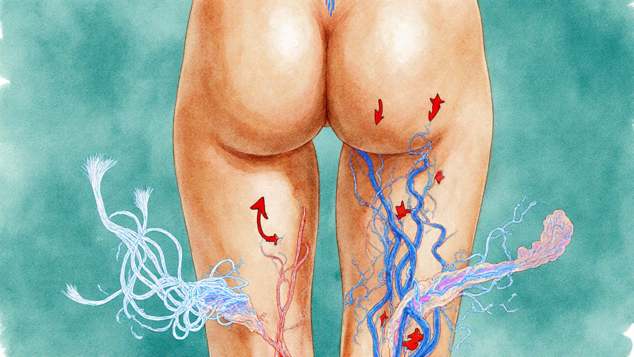 Schematický náčrt lidského těla s viditelným lymfatickým odtokem a rozšiřujícími se kapilárami pod vakuovým tlakem.