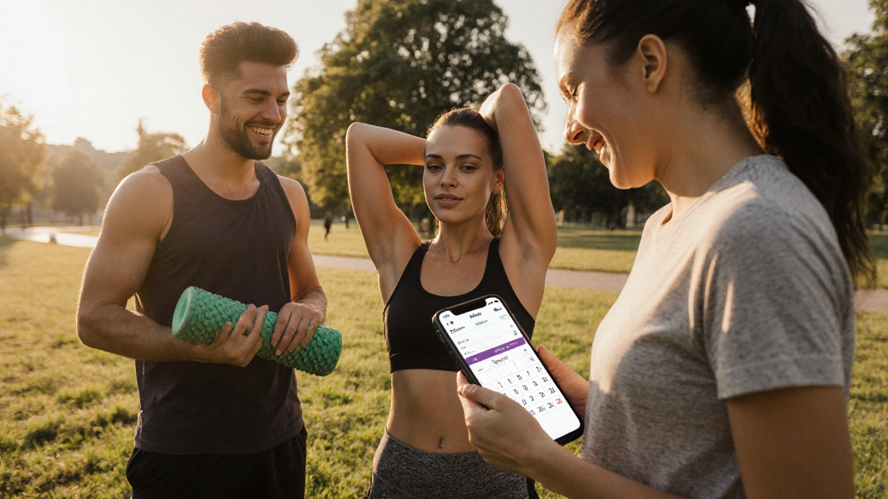 Skupina lidí v klidu v parku po masáži, symbolizující zdravý životní styl.