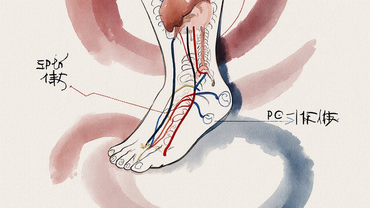 Tradiční čínský náčrt těla s energetickými kanály spojujícími trávicí orgány.