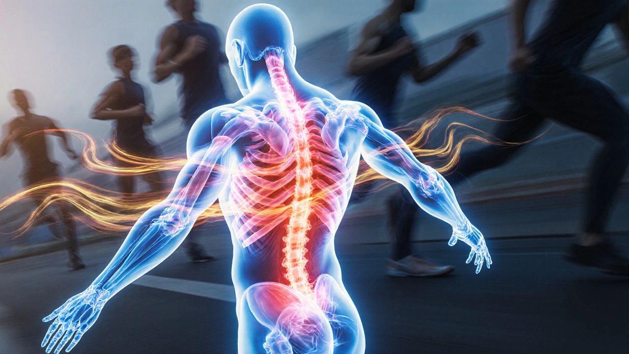 Translukentní obrázek svalů s napětím a masážními pohyby uvolňujícími tkáně.