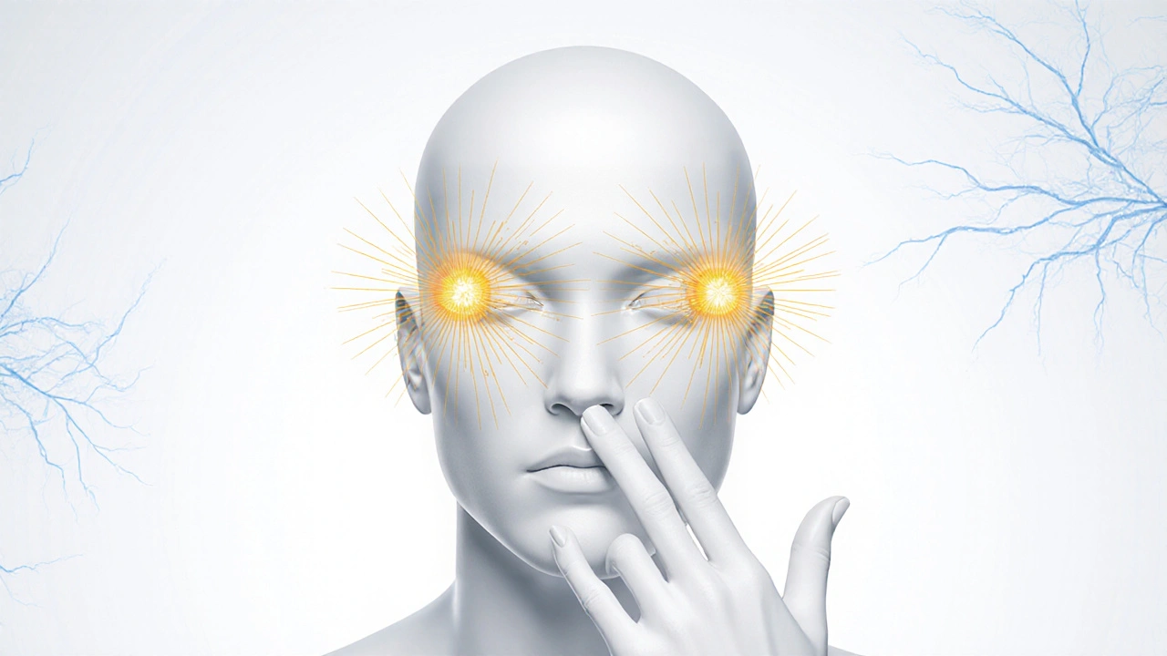 Tři akupresurní body na těle s paprsky světla, symbolizujícími uvolnění bolesti.