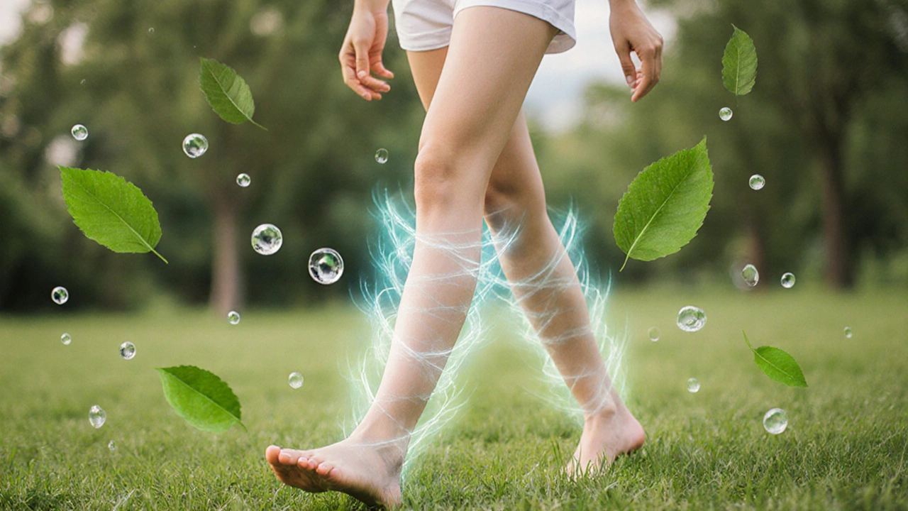Žena chodí bosá po trávě, její nohy vypadají hladce, kolem ní jsou kapky vody.
