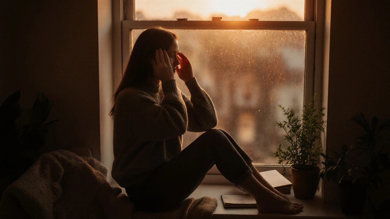 Žena pravidelně dělá antimigrenózní masáž večer na zábradlí, klidně a bez léků.