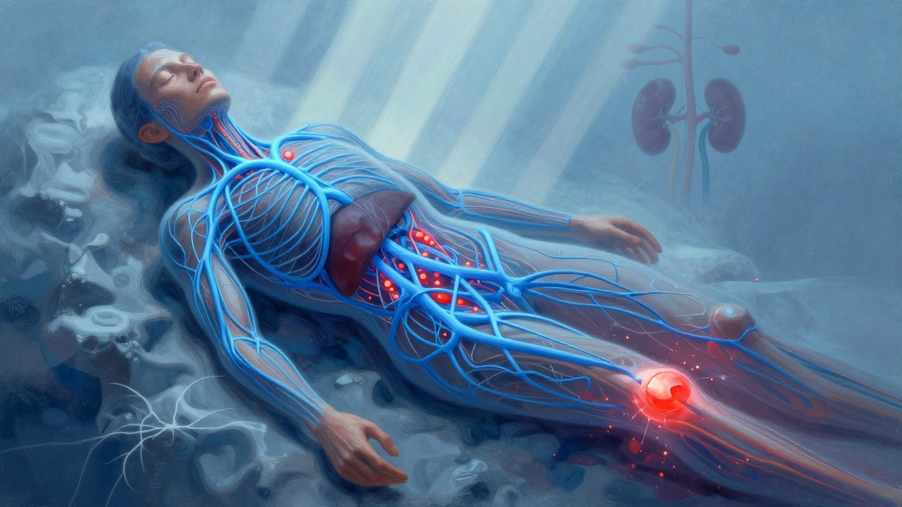 Abstraktní znázornění lymfatického systému, jak odvádí zánětlivé látky z kloubů k lymfatickým uzlům a orgánům čištění.