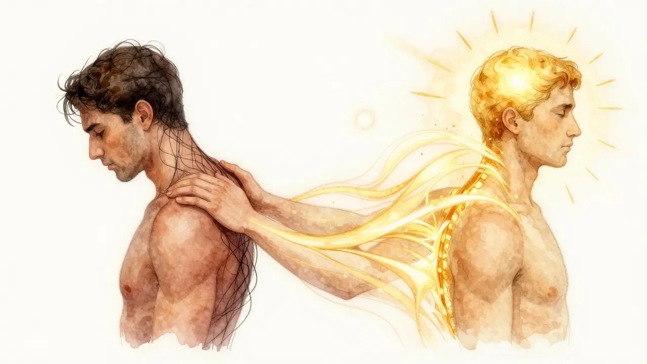 Dva člověci: jeden napjatý, druhý uvolněný, spojení zlatou vlnou energie znázorňující obnovu.