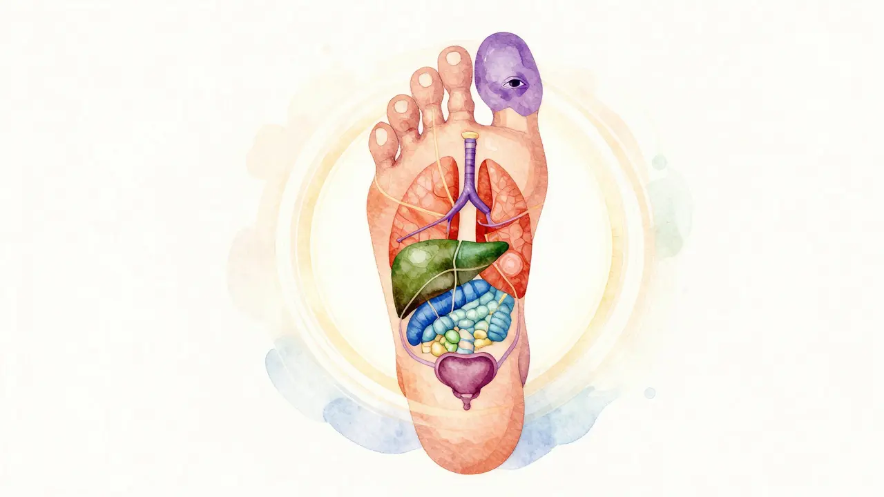 Kreslená mapa chodidla s barevně označenými oblastmi odpovídajícími orgánům těla.