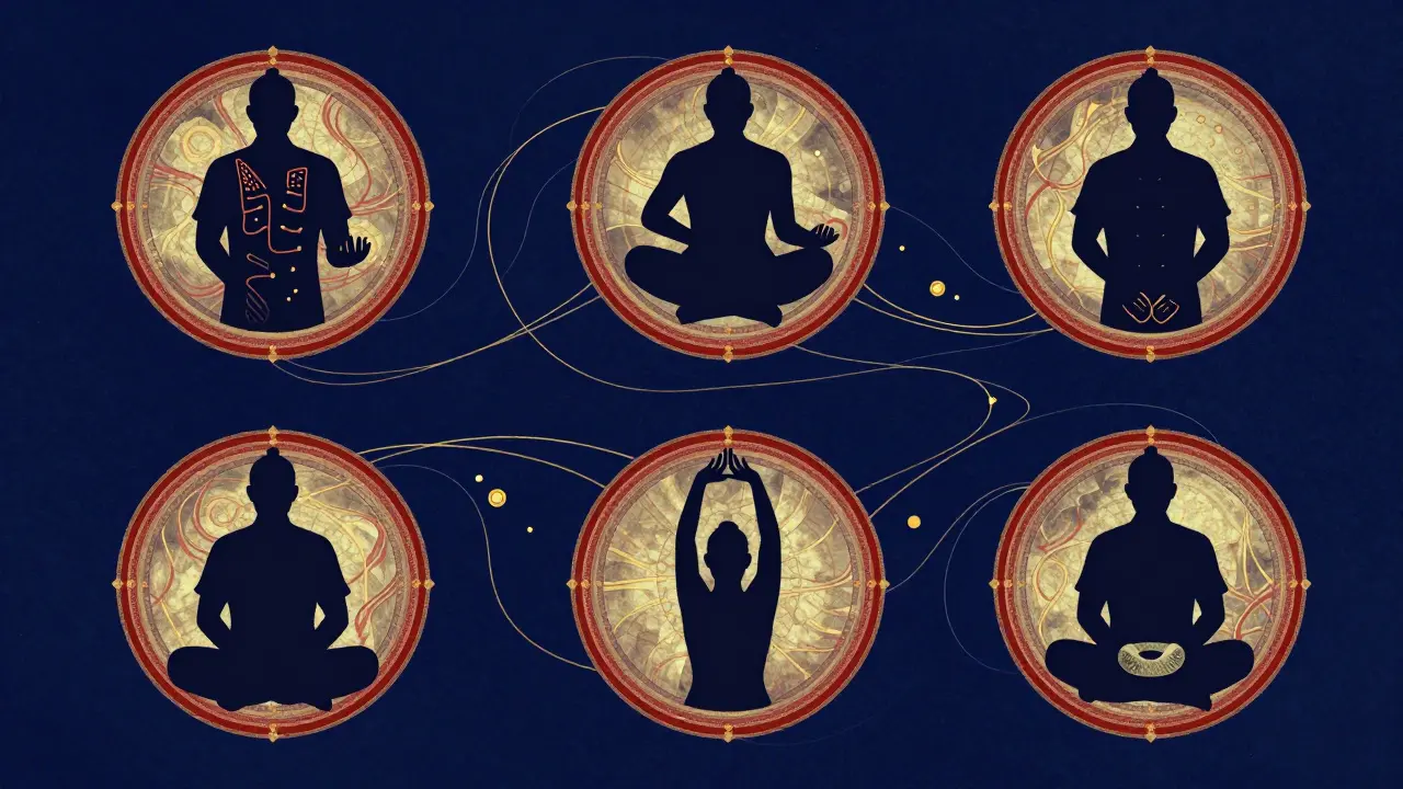 Mandala s pěti technikami čínské masáže a tokem energie v červeno-zlatých tónech.