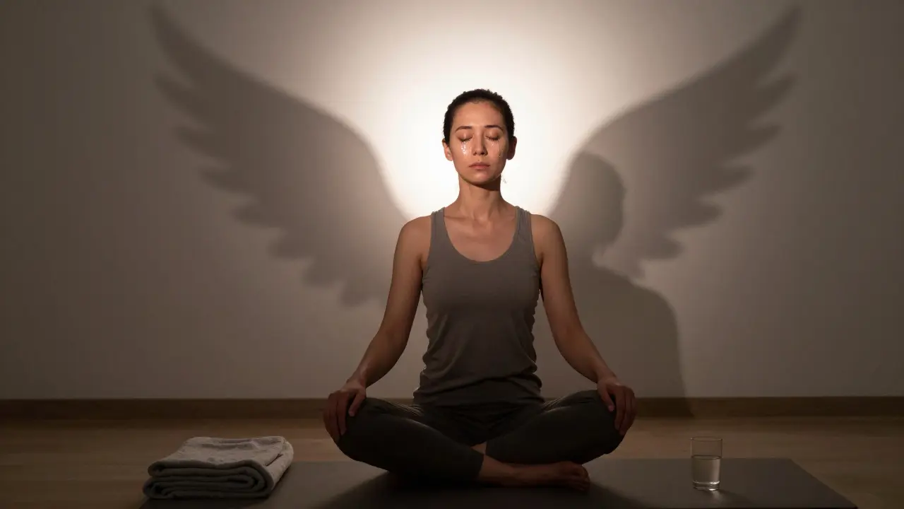 Osoba po shiatsu sedí s očima zavřenými, jedna slza, stín na zdi jako křídla, klidná atmosféra uvolnění.