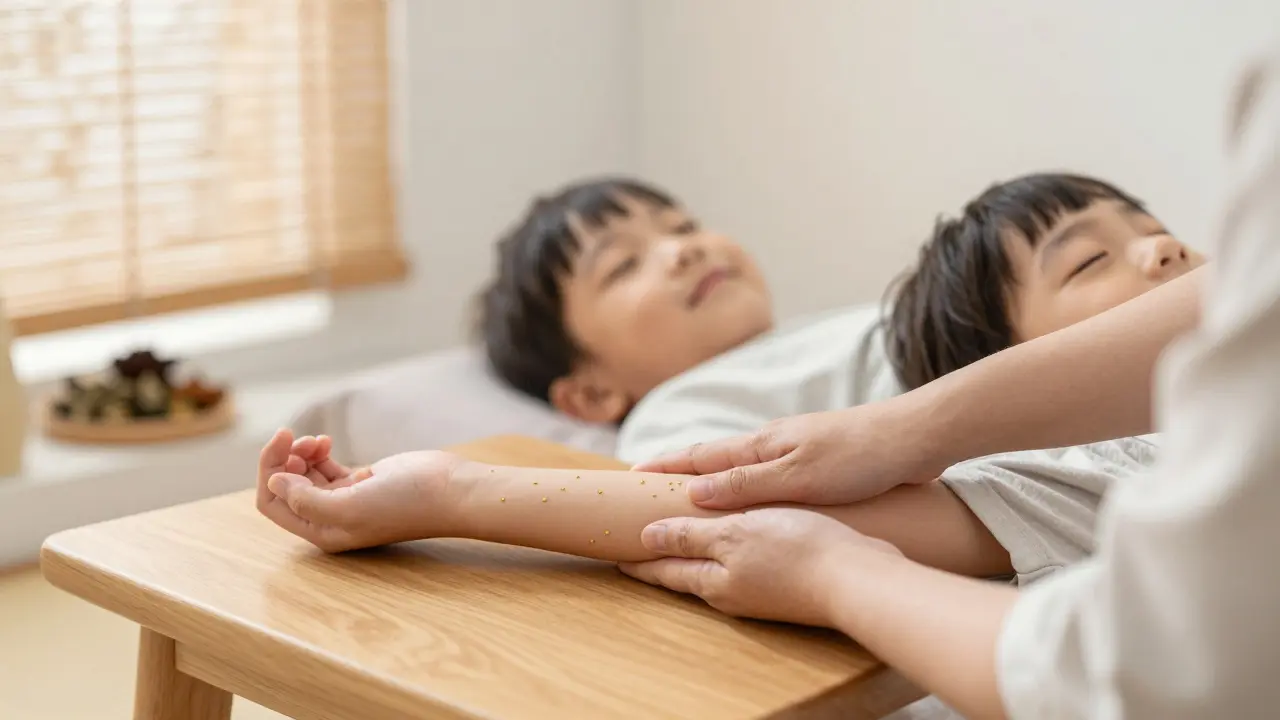 Praktikující aplikuje akupresuru na dítě s jemnými body energie viditelnými na paži.