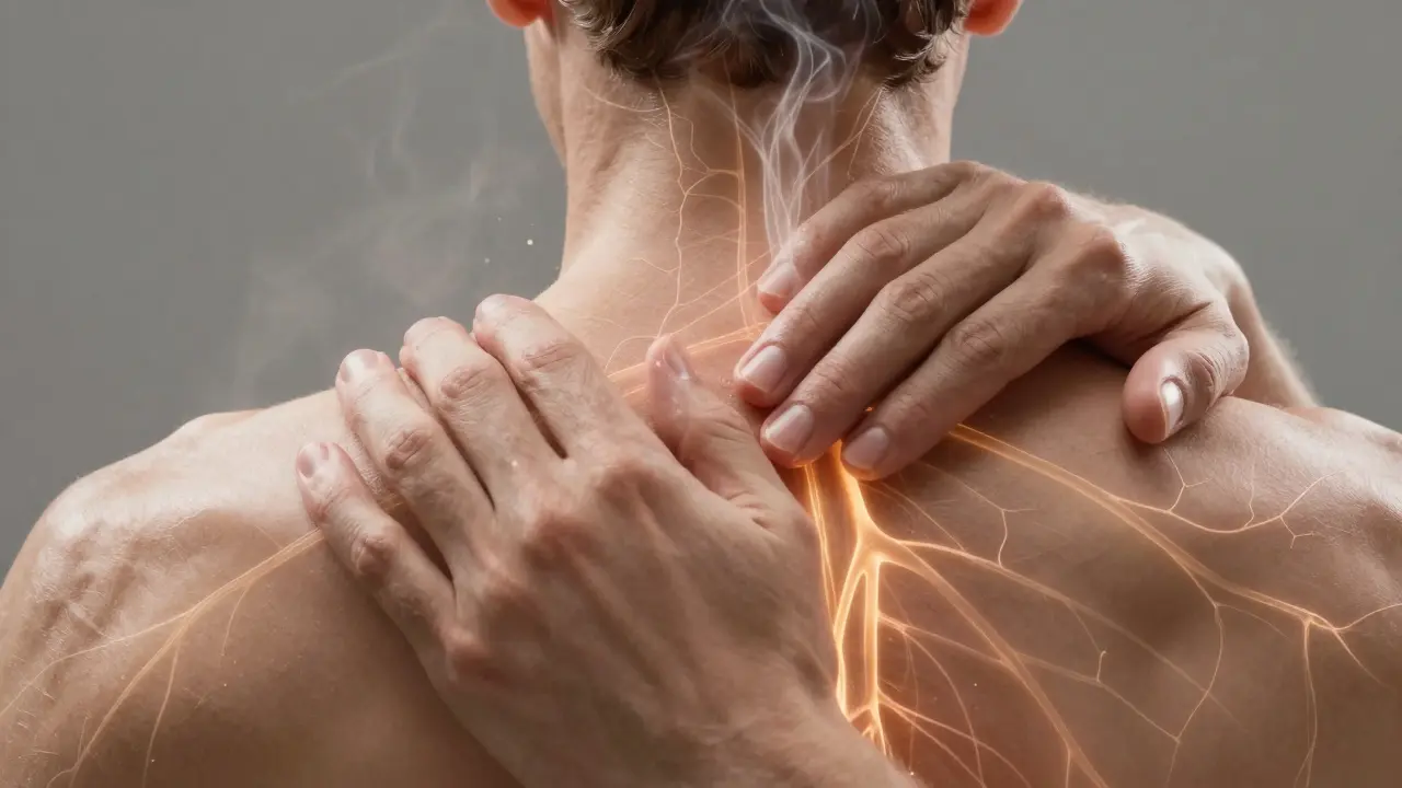 Ruce masírují horní část záda a krku, s jemnými světelnými proužky znázorňujícími krevní oběh.