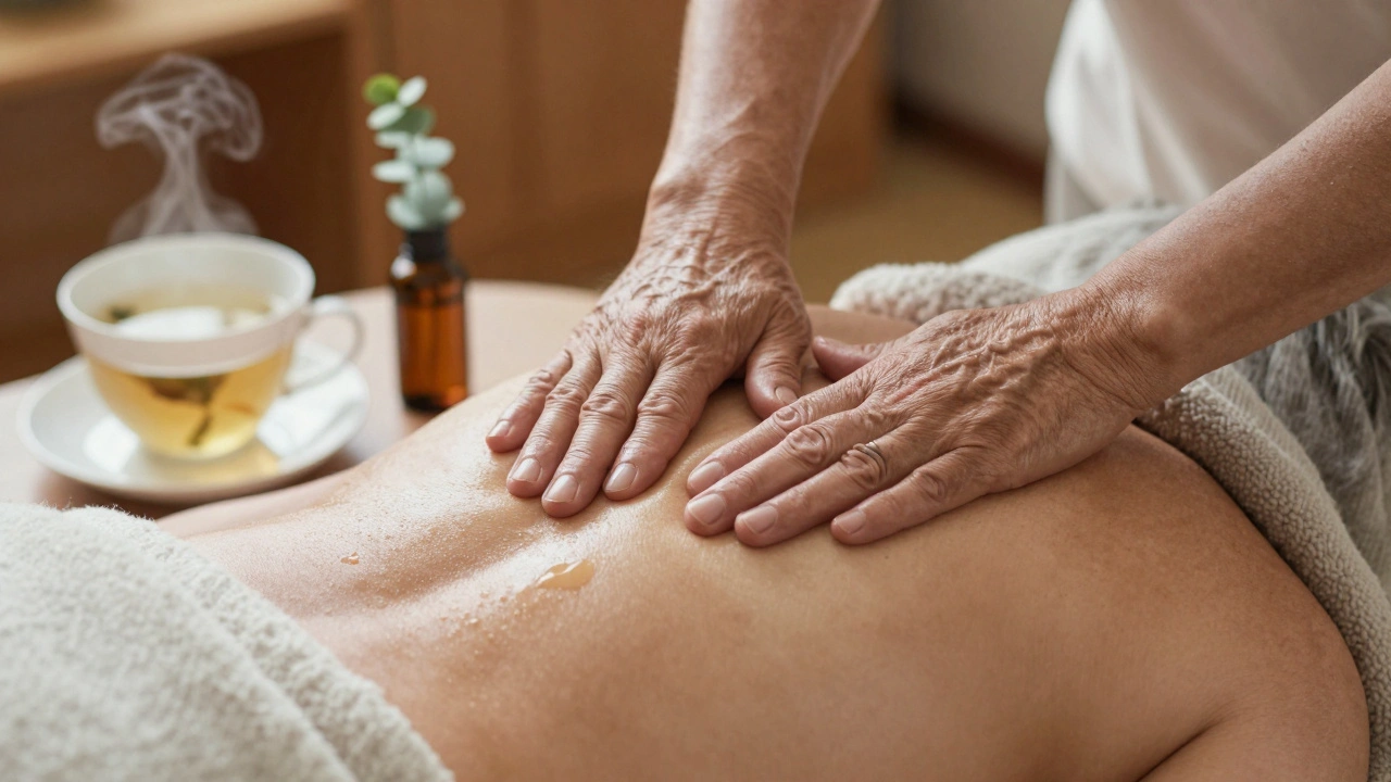 Ruce masírují záda starší osoby s eukalyptem a levandulí v teplém, klidném prostředí.