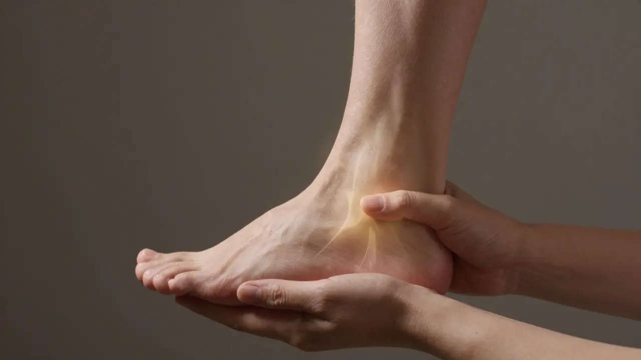 Ruka stiskne patu nohy, z níž se šíří světelný proud k páteři jako symbol léčby.