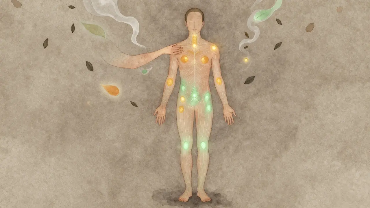 Tělo s jemně zářícími energetickými cestami, tlak prstů a odpočívající energie ve formě rozptýleného dýchu.