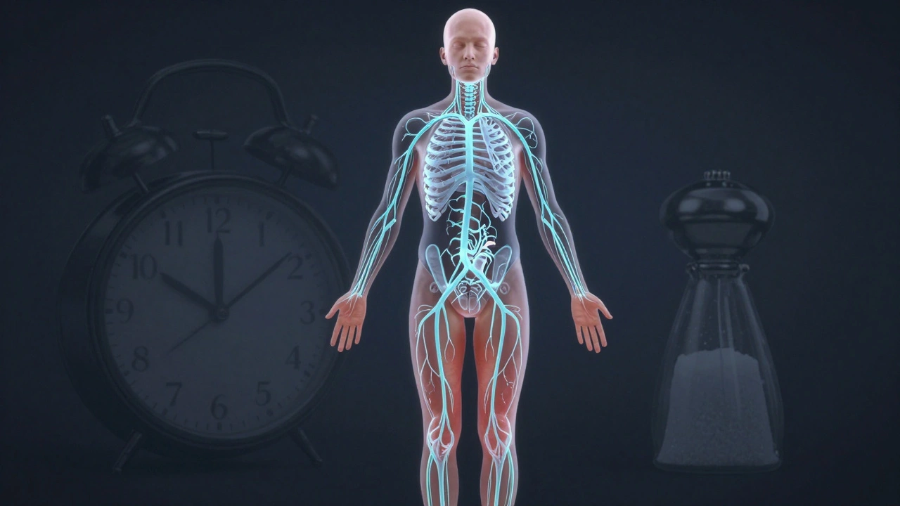 Vnitřní lymfatický systém září modře, zatímco faktory jako sůl a čas mizí.