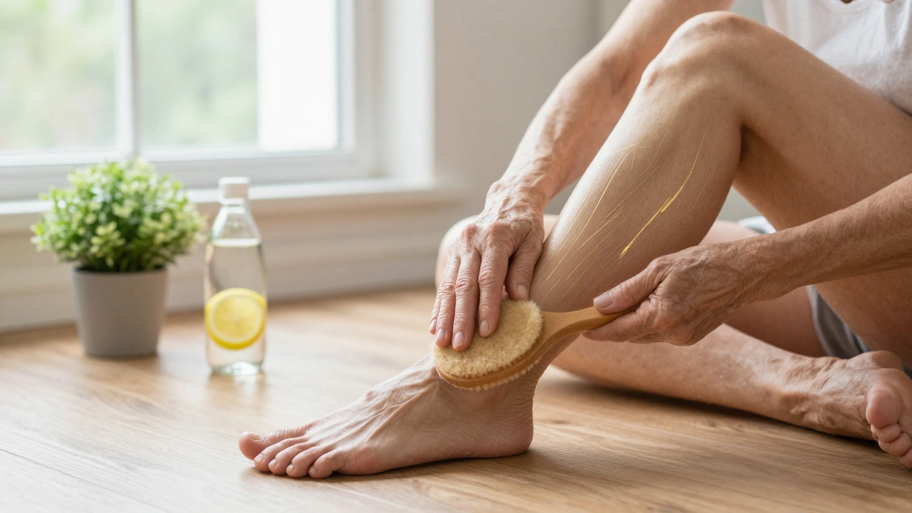 Žena doma provádí jemné škrábání kůže nohou jako součást denní péče o lymfu s vodou a rostlinou na pozadí.