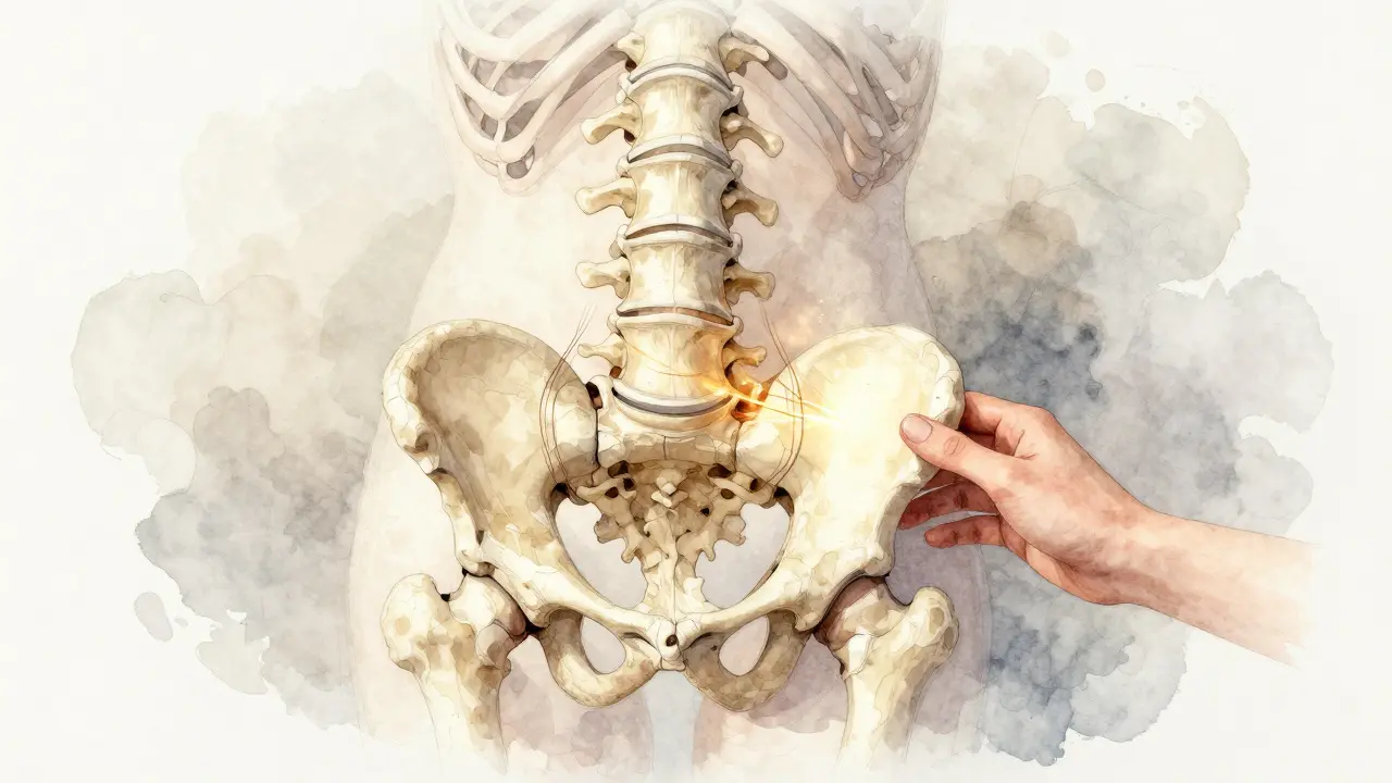 Abstraktní ilustrace páteře a kyčle, které se postupně vrací do správné polohy pod vlivem jemného tlaku.