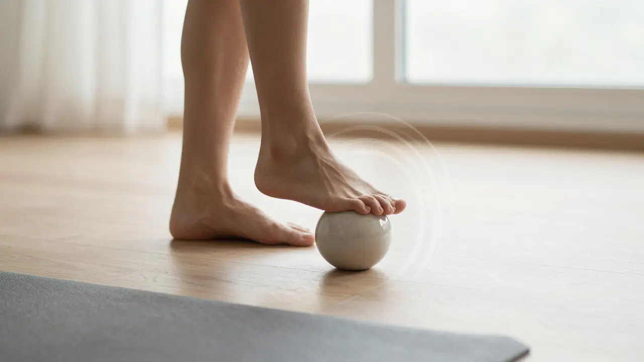 Barevá koule uvolňuje fascii na chodidle sportovce na dřevěném podlaze.