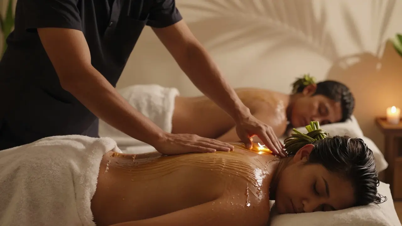 Dva maséři současně masírují klienta v harmonickém pohybu, jejich ruce vytvářejí proud jako mořská vlna.