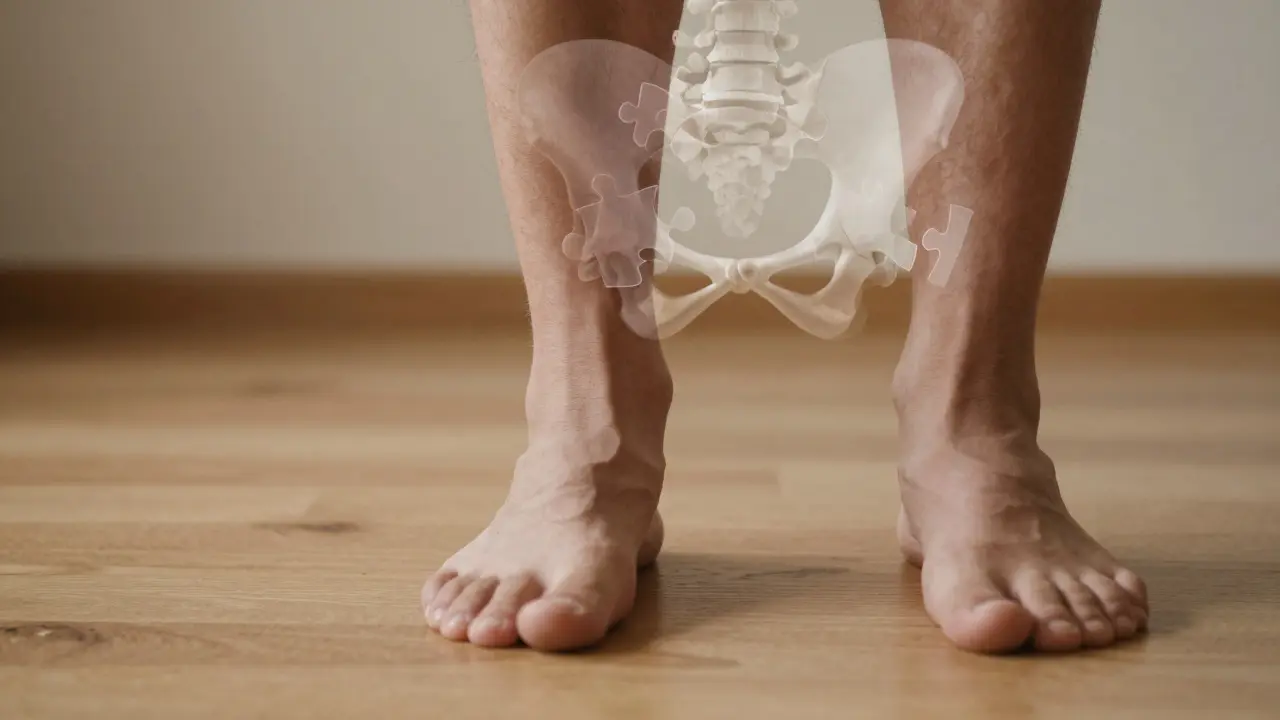 Dvě nohy na dřevěném podlaze, jedna výš než druhá, s přechodem k vyrovnanému postavení těla.