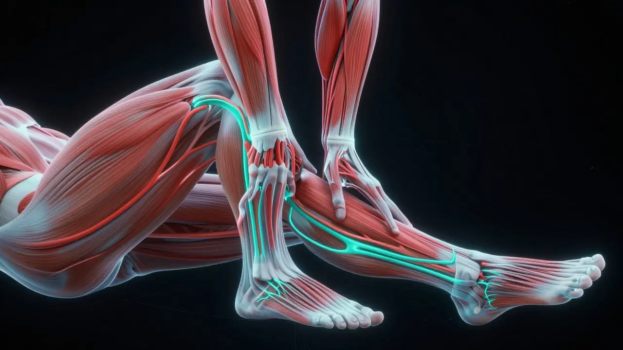 Ilustrace krevního oběhu a lymfatického odtoku v svalích po regenerační masáži.