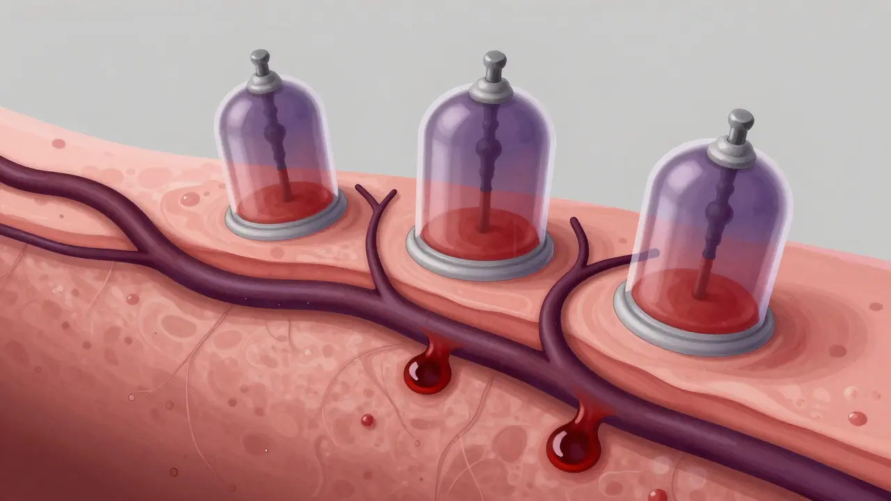 Mikroskopický pohled na rozšířené kapiláry a mírné krvácení pod kůží při baňkování.