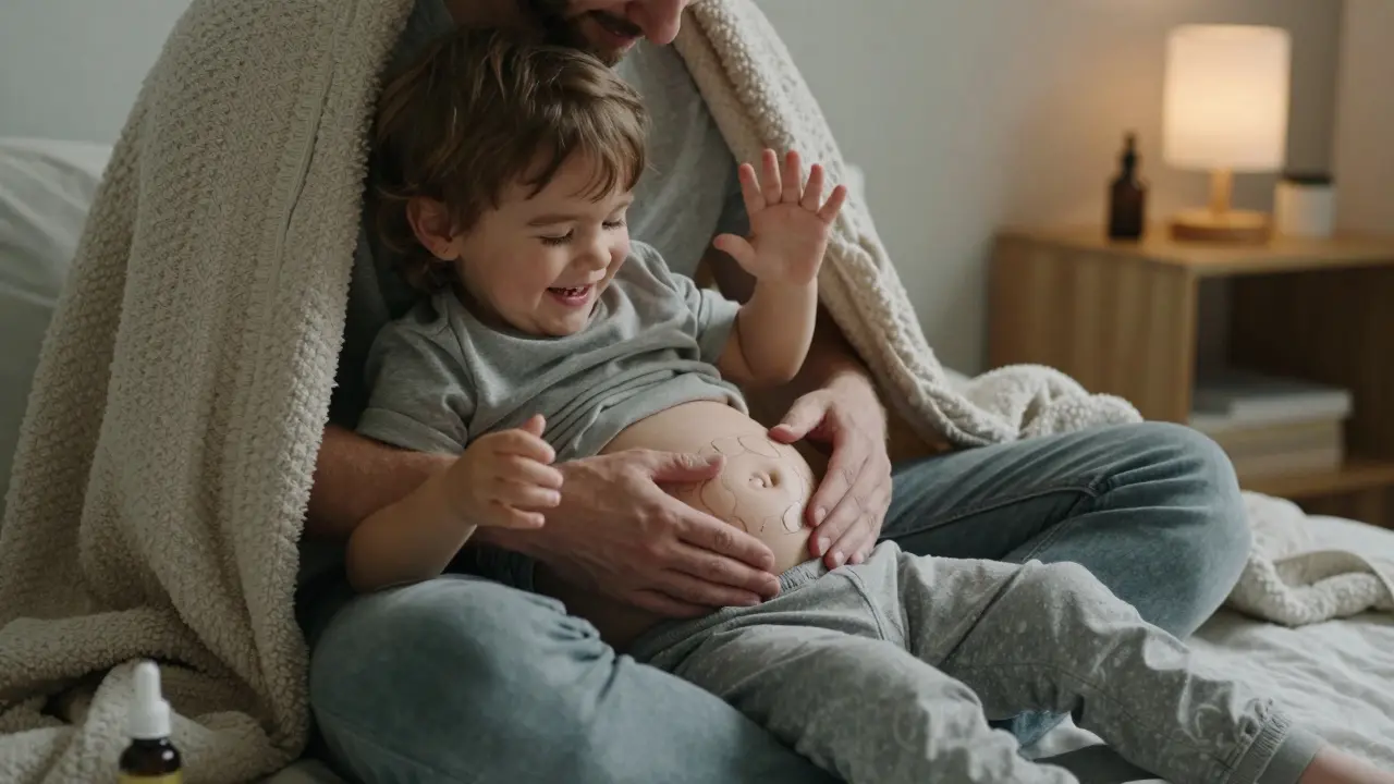 Otec masíruje bříško dítěte v klidném večerním prostředí, dítě se směje.
