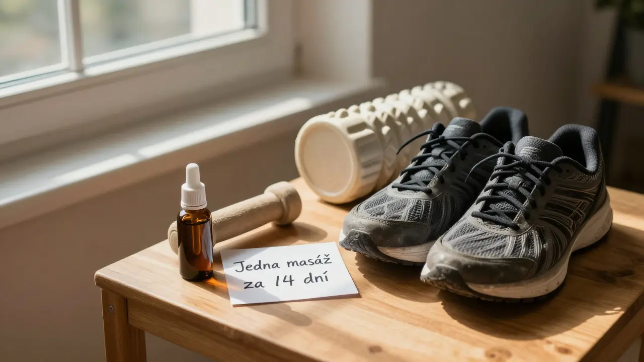Pár běžeckých tenisek a potřeby pro masáž na stole v klidném prostředí.