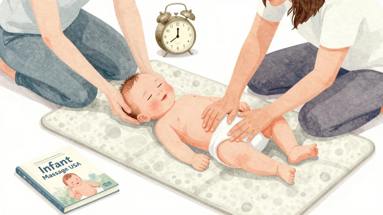 Rodiče společně masírují dítě na podlaze, dítě je klidné a usmívá se.