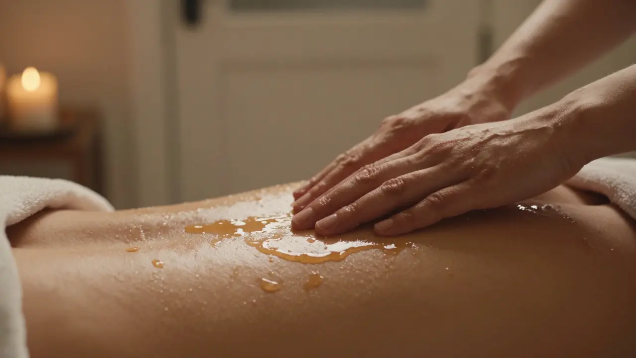 Ruce pomalu masírují záda teplým olejem, jemné světlo a klidné prostředí.