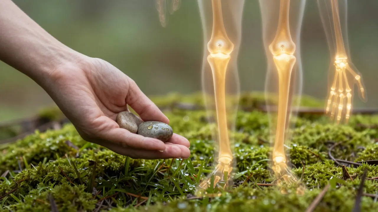 Ruka uvolňuje kámen na trávu, zatímco tělo září zlatým světlem.