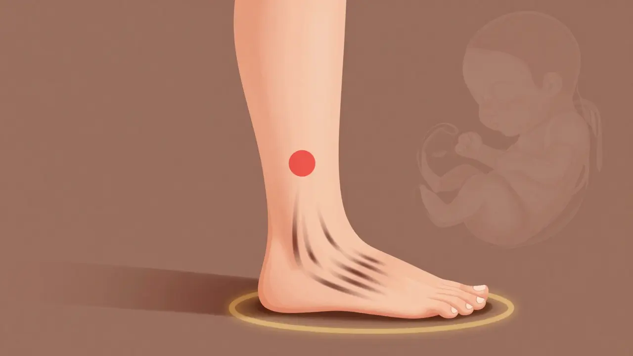 Strana nohy těhotné ženy s označeným nebezpečným akupresurním bodem nad kotníkem a jemnou masáží lýtko.