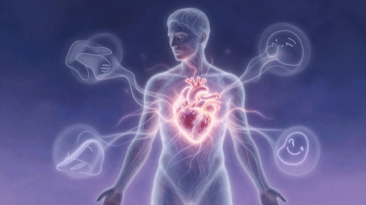 Symbolický obraz člověka s průhlednými vrstvami těla a energie, které se mění ve světle.