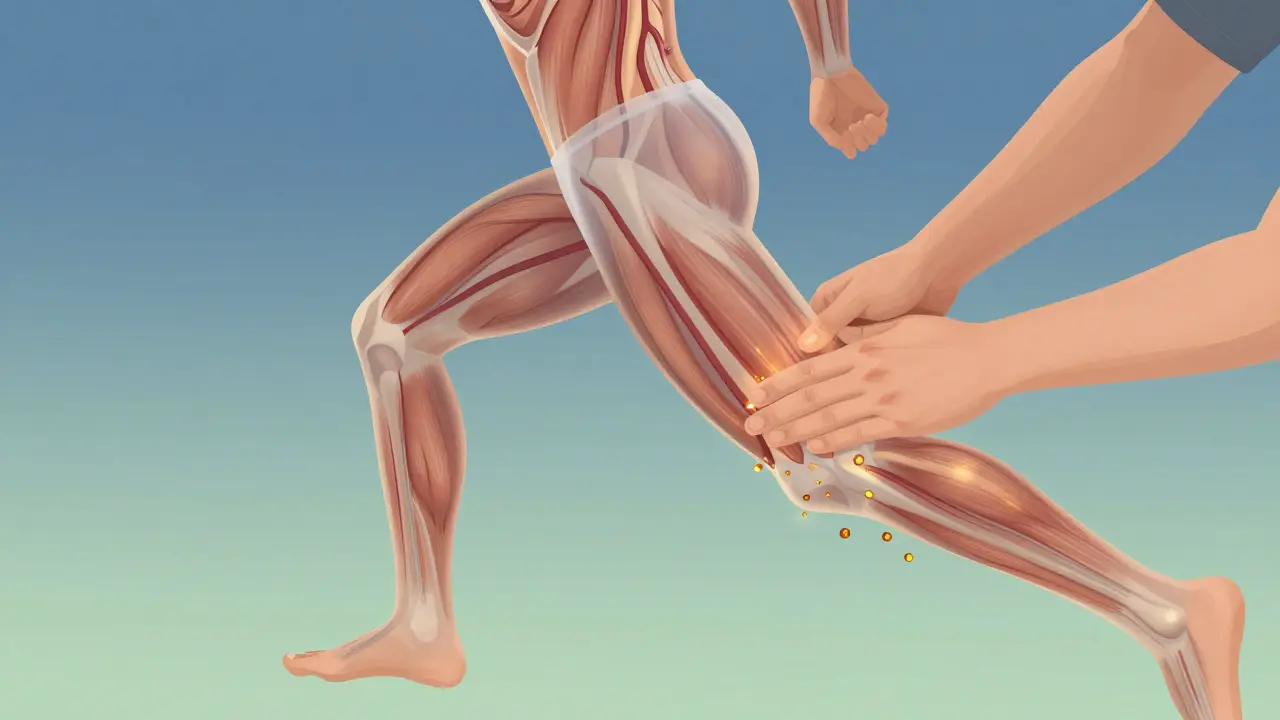 Transparenční ilustrace svalů a toku tekutin během obnovy po tréninku.