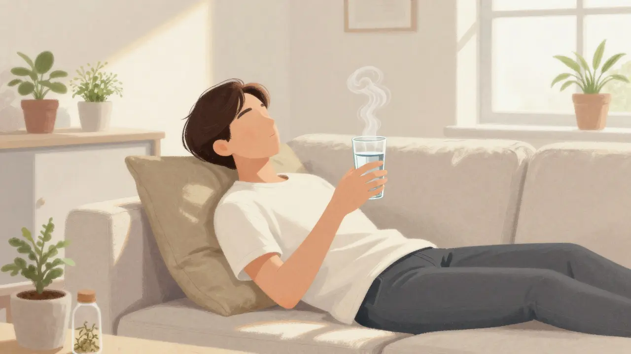 Klient odpočívá po masáži s horkou vodou v klidné místnosti s rostlinkami a slunečním světlem.