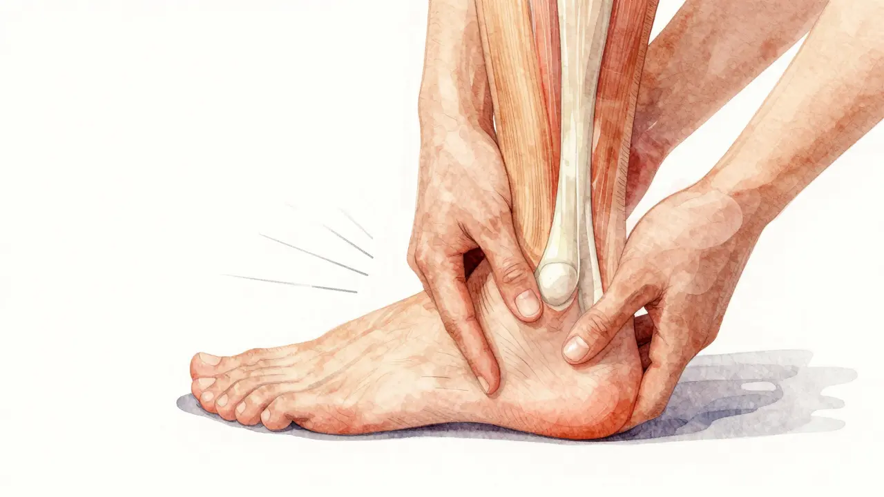 Masér provádí masáž paty a protahování lýtkových svalů.