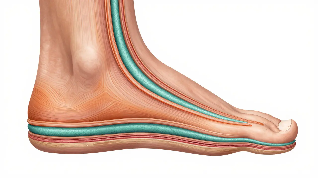 Příčný řez stehen ukazující přeměnu pojivové tkáně z nepravidelné na hladkou a pružnou.